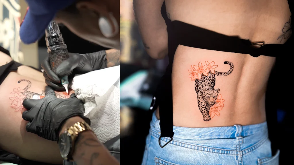 Side-by-side fine line tattoo in progress and finished result