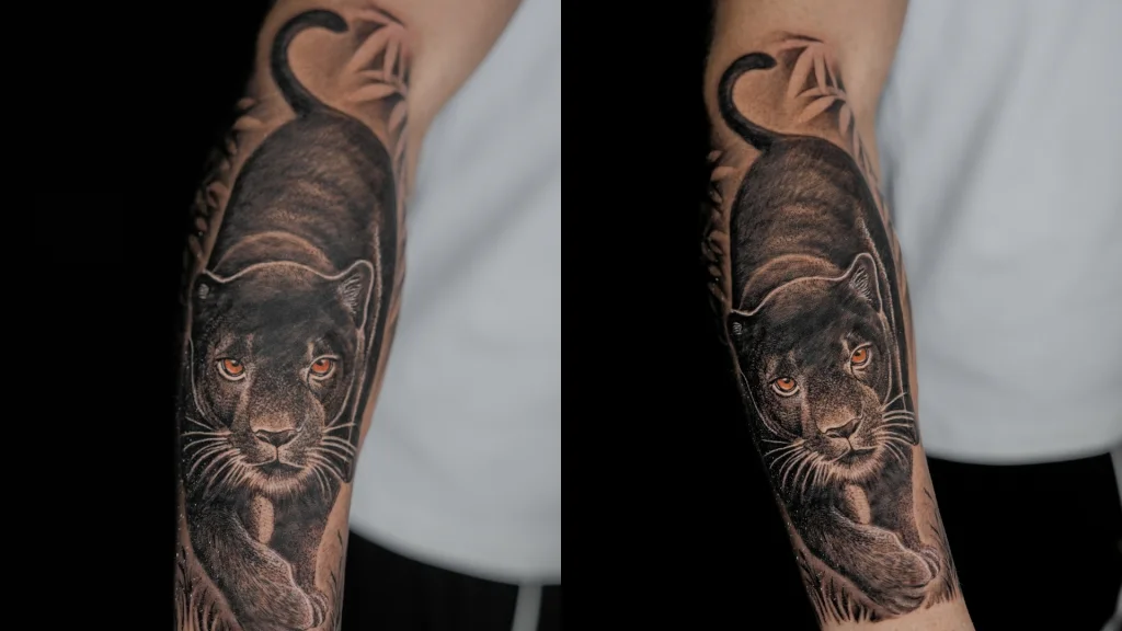 Panther tattoo designed as a cover-up for dark old ink